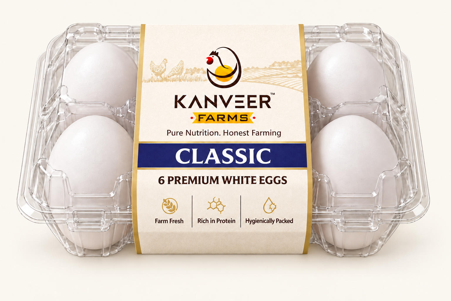 Classic six-egg clear carton packaging concept in cream and navy blue
