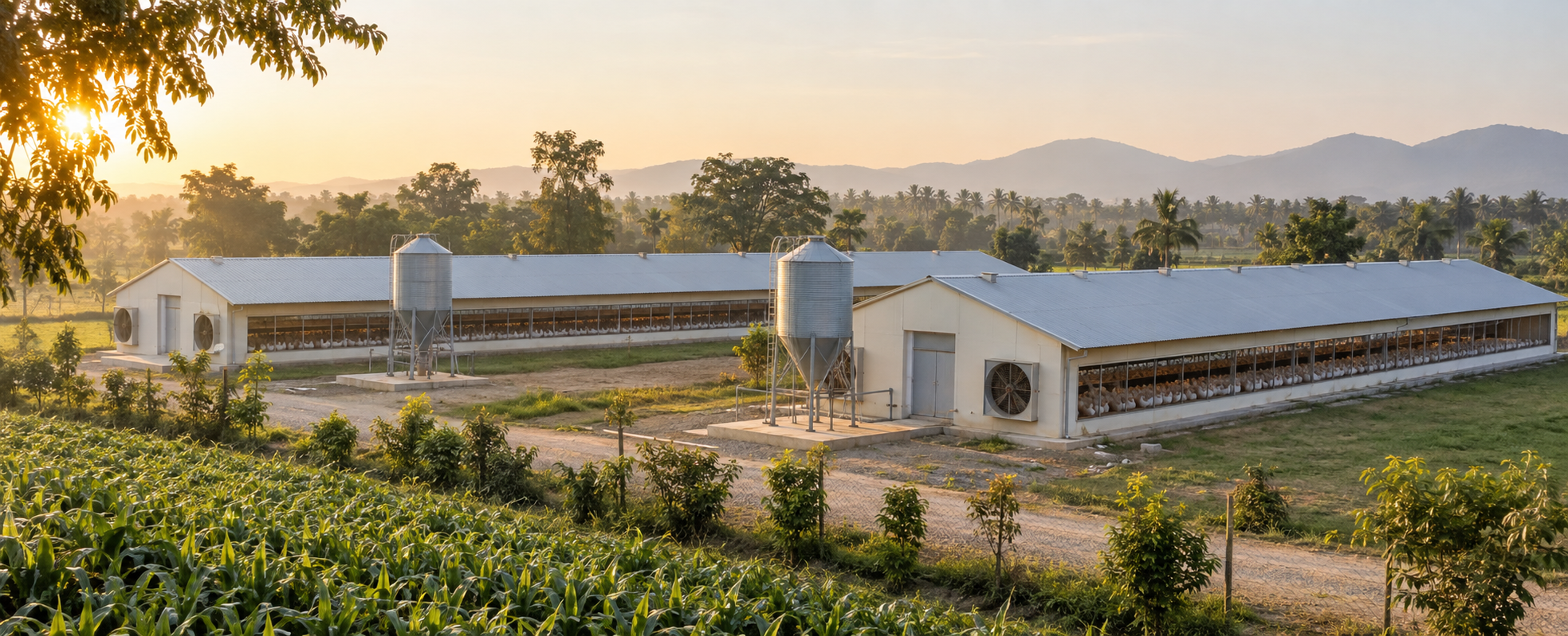 AI-generated illustration of poultry sheds and feed storage silos in a rural landscape