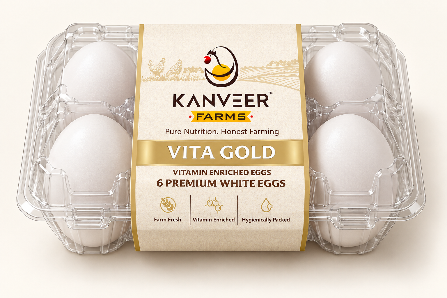 Vita Gold concept: six white eggs in a clear plastic carton with a cream and gold Kanveer Farms sleeve